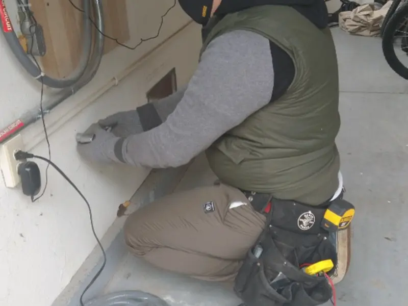 Electrician performing outlet wiring in a Hartford garage